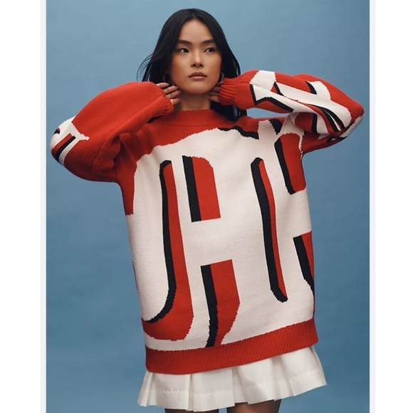 New! Anthropologie Maeve Graphic Monogram Sweater Red Black White Size Small - Picture 2 of 11